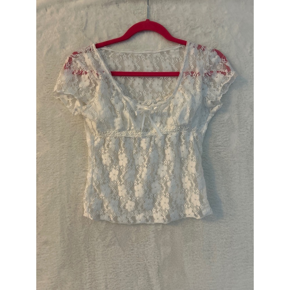 White Floral Lace V-Neck Coquette Top with Bow Detail Short Sleeve Cap Sleeve
